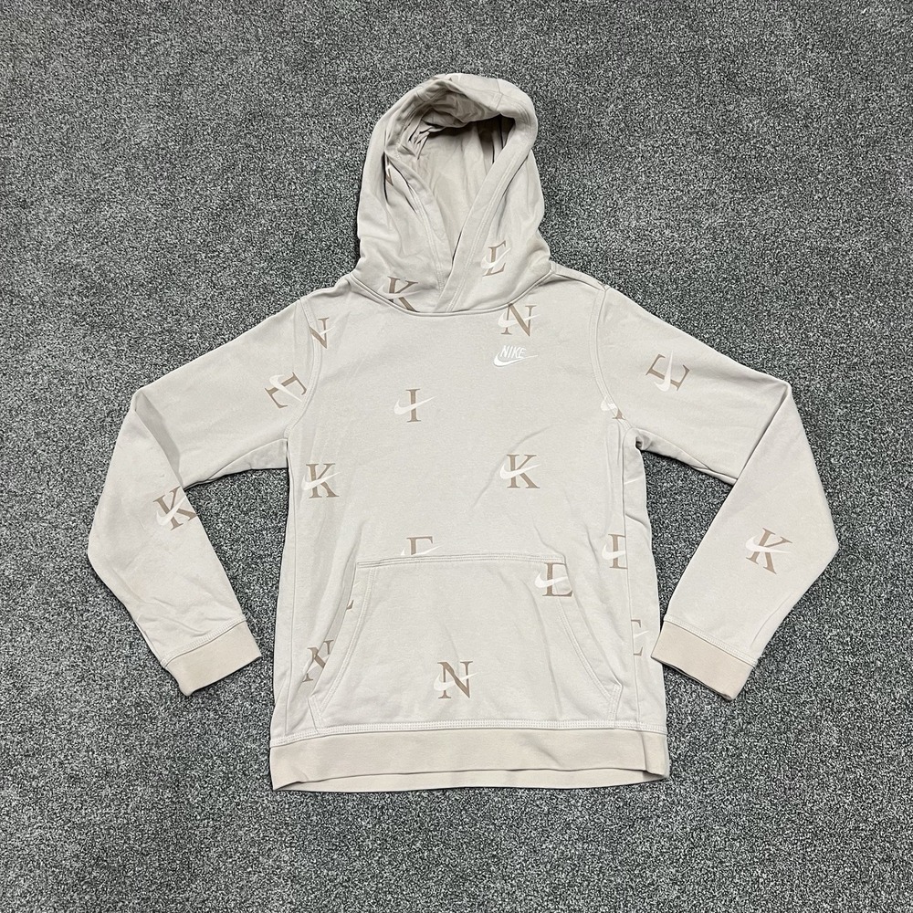 Nike Pullover Hoodie Youth Large Beige All Over Logo Sweatshirt Casual